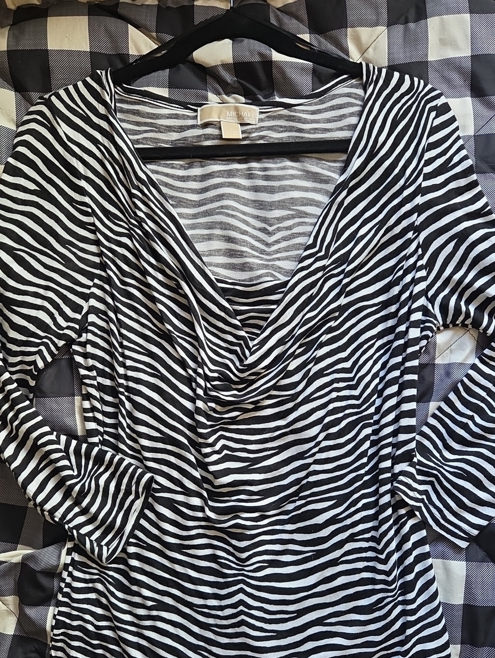 MICHAEL Michael Kors Black and White Zebra-Print Draped Long Sleeve Top, L
